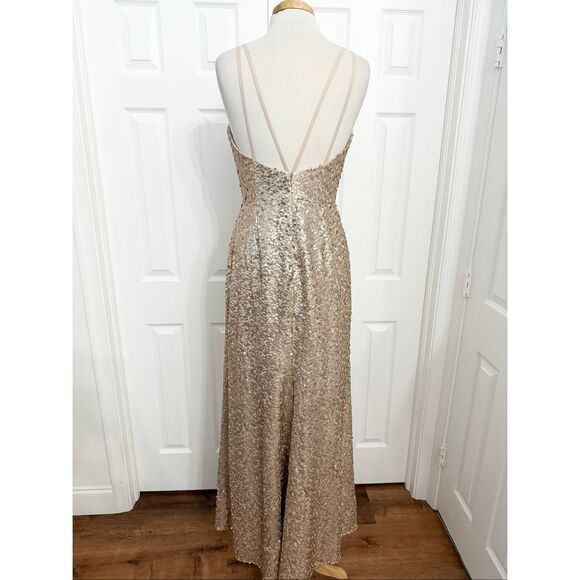 Dessy Collection Elle Rose Gold Strappy Sequined Low Back Long Gown Dress 10 - Picture 4 of 6